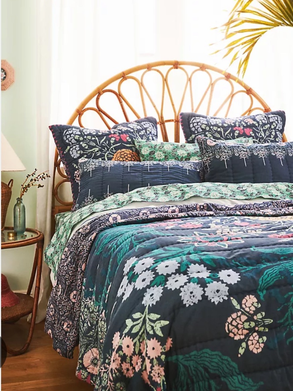 Anthropologie Dark Blue and Light Pink Botanical Quilted Pillowcases